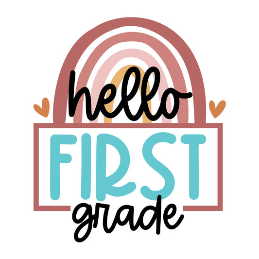 Rainbow Hello First Grade SVG design for Cricut, Silhouette, laser cutting, vinyl, sublimation, and back to school craft projects.