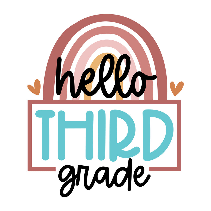 Rainbow Hello Third Grade SVG design for Cricut, Silhouette, laser cutting, vinyl, sublimation, and back to school craft projects.