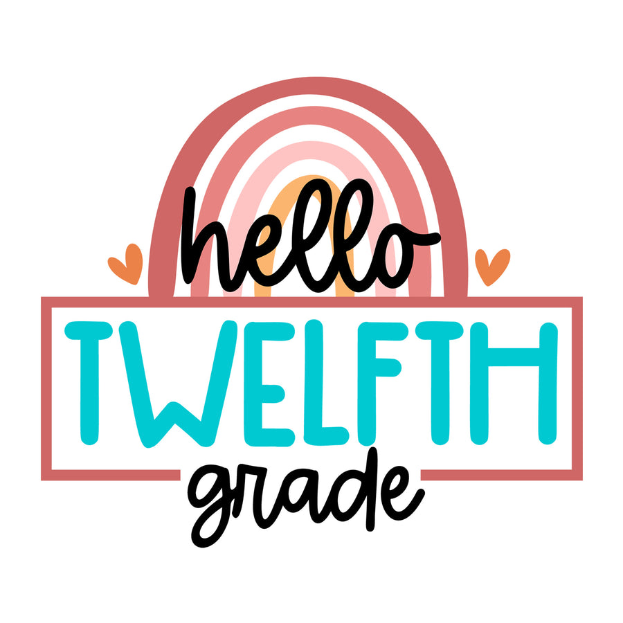 Rainbow Hello Twelfth Grade SVG design for Cricut, Silhouette, laser cutting, vinyl, sublimation, and back to school craft projects.