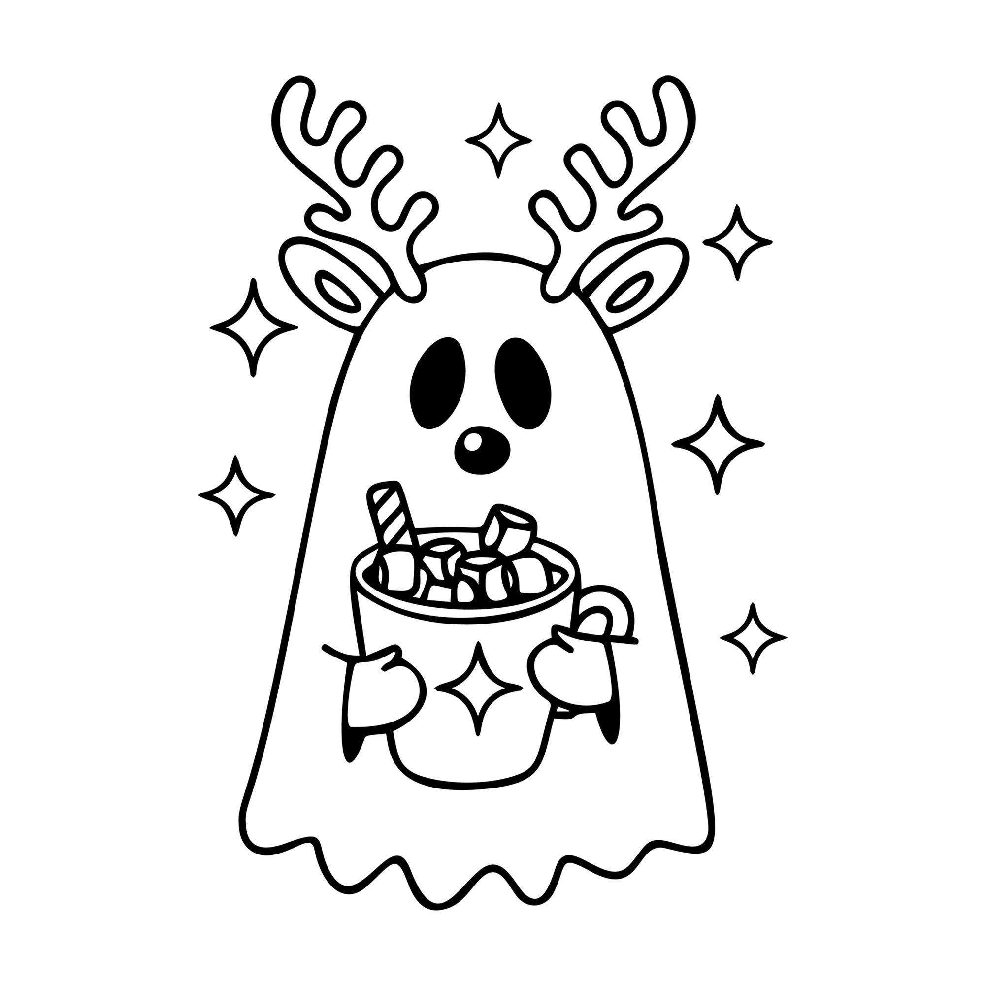 Reindeer Ghost Holding Hot Cocoa SVG design for Cricut, Silhouette, laser cutting, vinyl, sublimation, and craft projects.