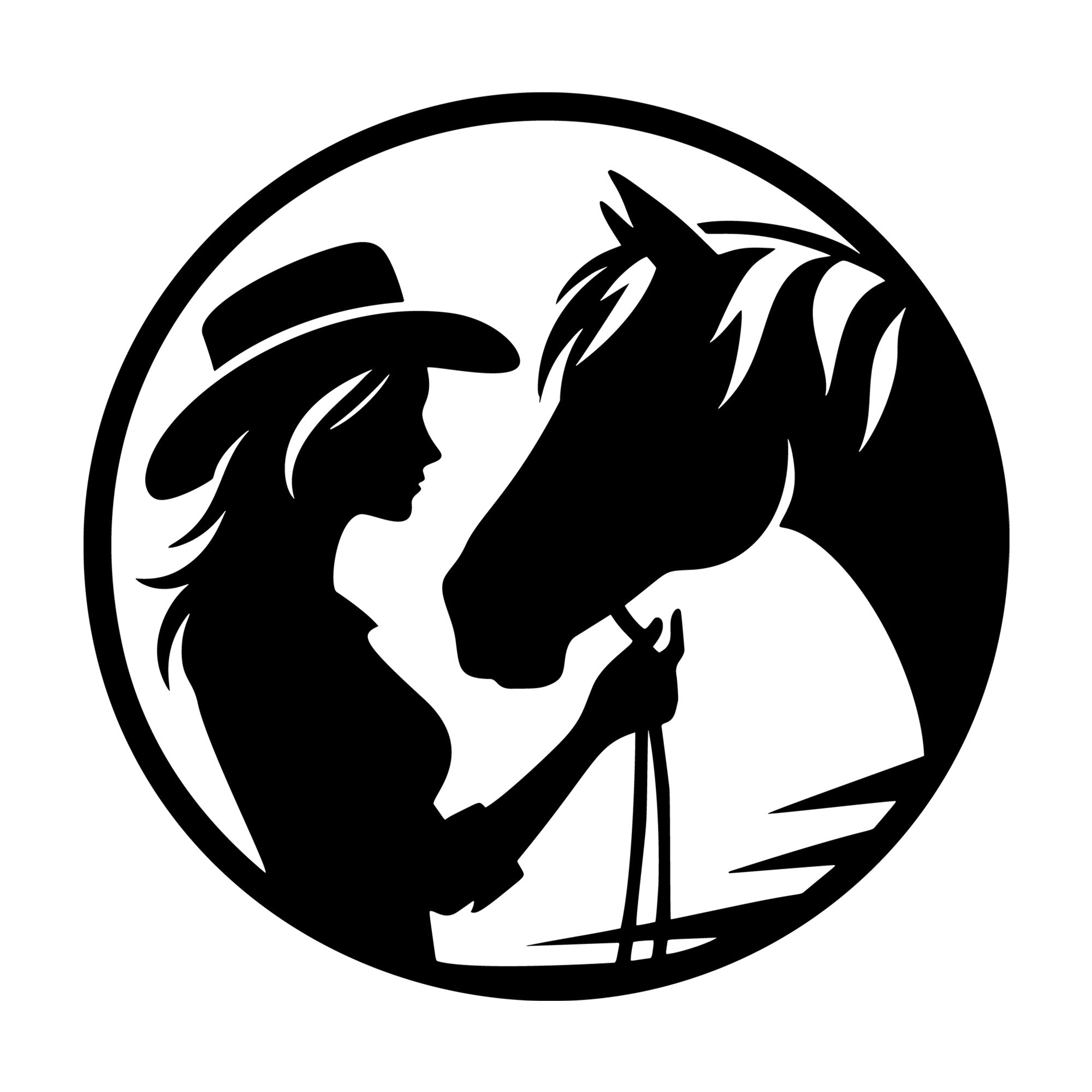 Round Cowgirl Horse Silhouette SVG design for Cricut, Silhouette, laser cutting, vinyl, sublimation, and craft projects.