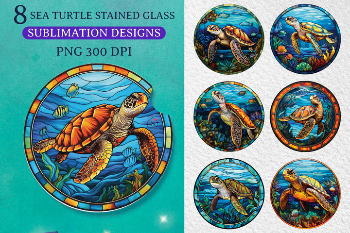Sea Turtle Stained Glass Sublimation Bundle Coaster Designs PNG