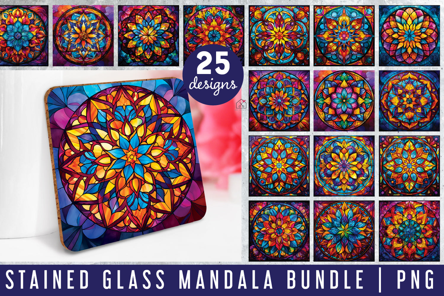 Stained Glass Mandala Sublimation Bundle Coaster Designs PNG