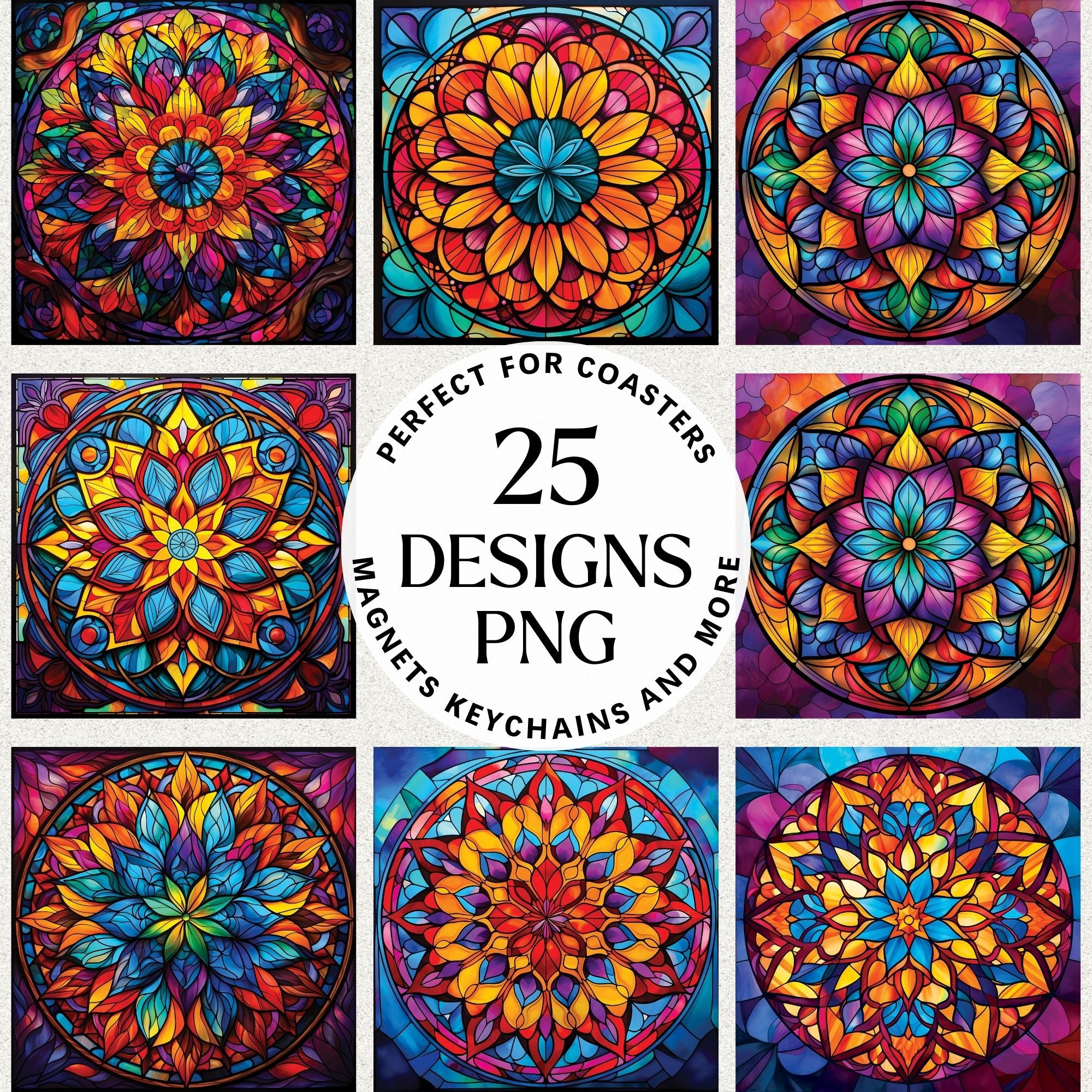 Stained Glass Mandala Sublimation Bundle Coaster Designs PNG - Craft House SVG