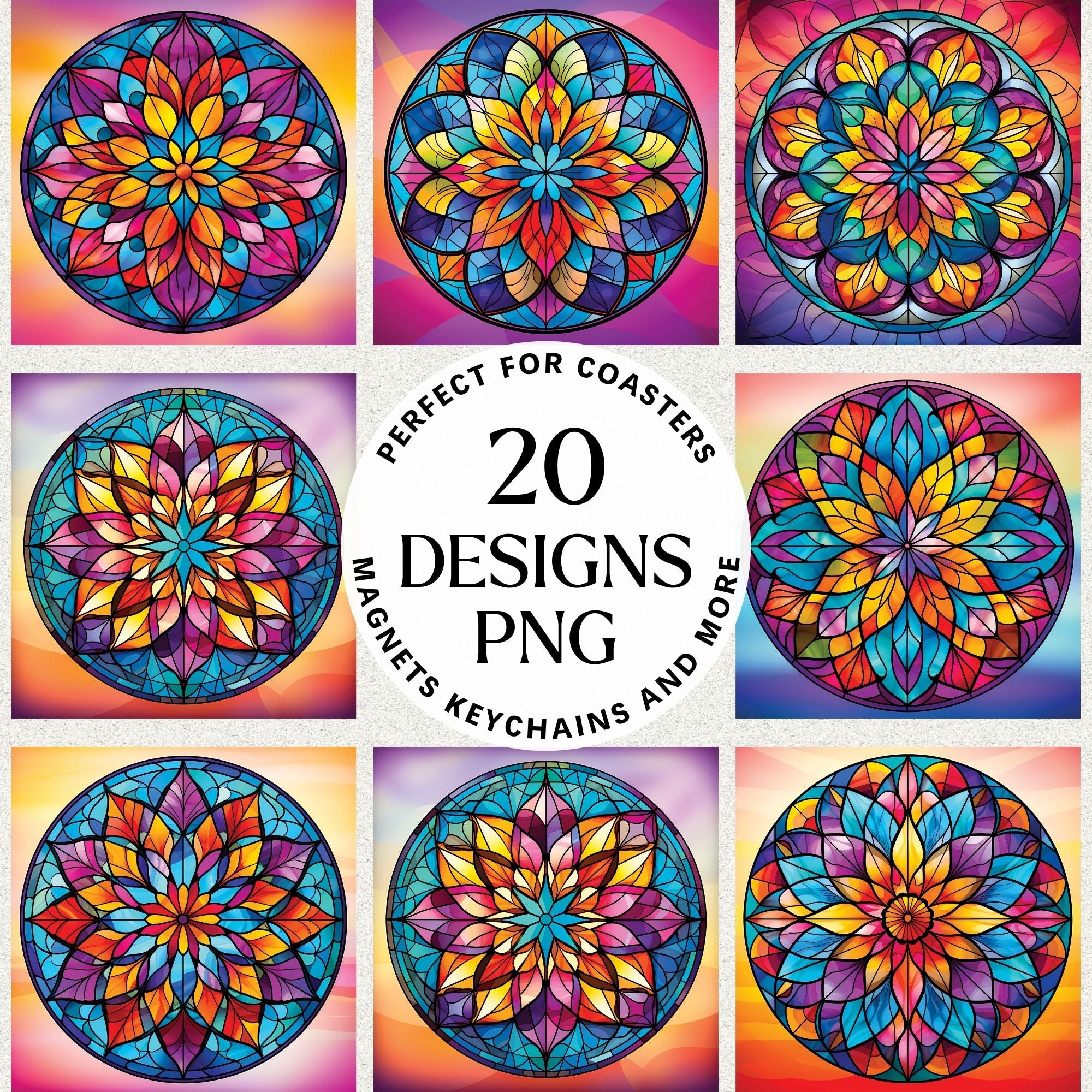 Simple Stained Glass Mandala Sublimation Bundle Coaster Designs PNG