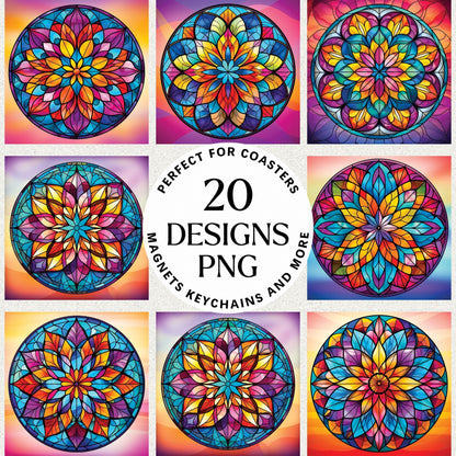 Simple Stained Glass Mandala Sublimation Bundle Coaster Designs PNG