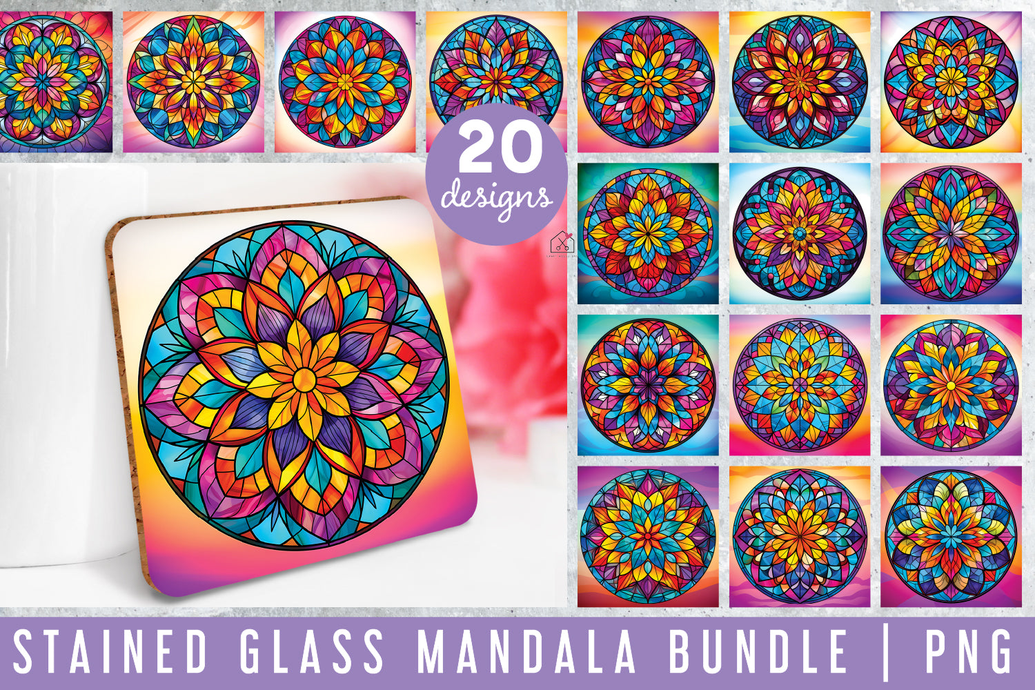 Simple Stained Glass Mandala Sublimation Bundle Coaster Designs PNG