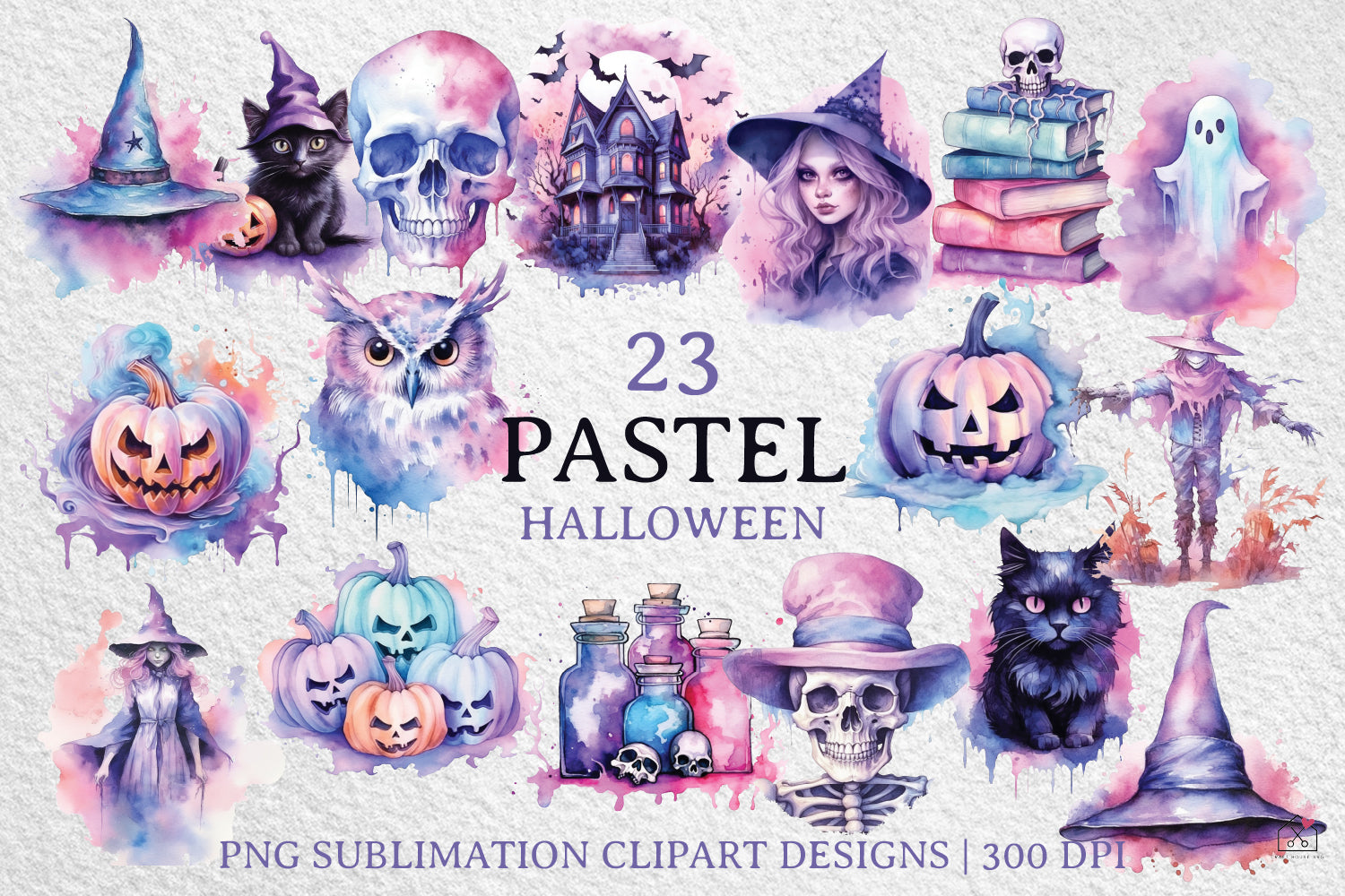 Pastel Halloween Sublimation Bundle Watercolor Clipart Designs PNG