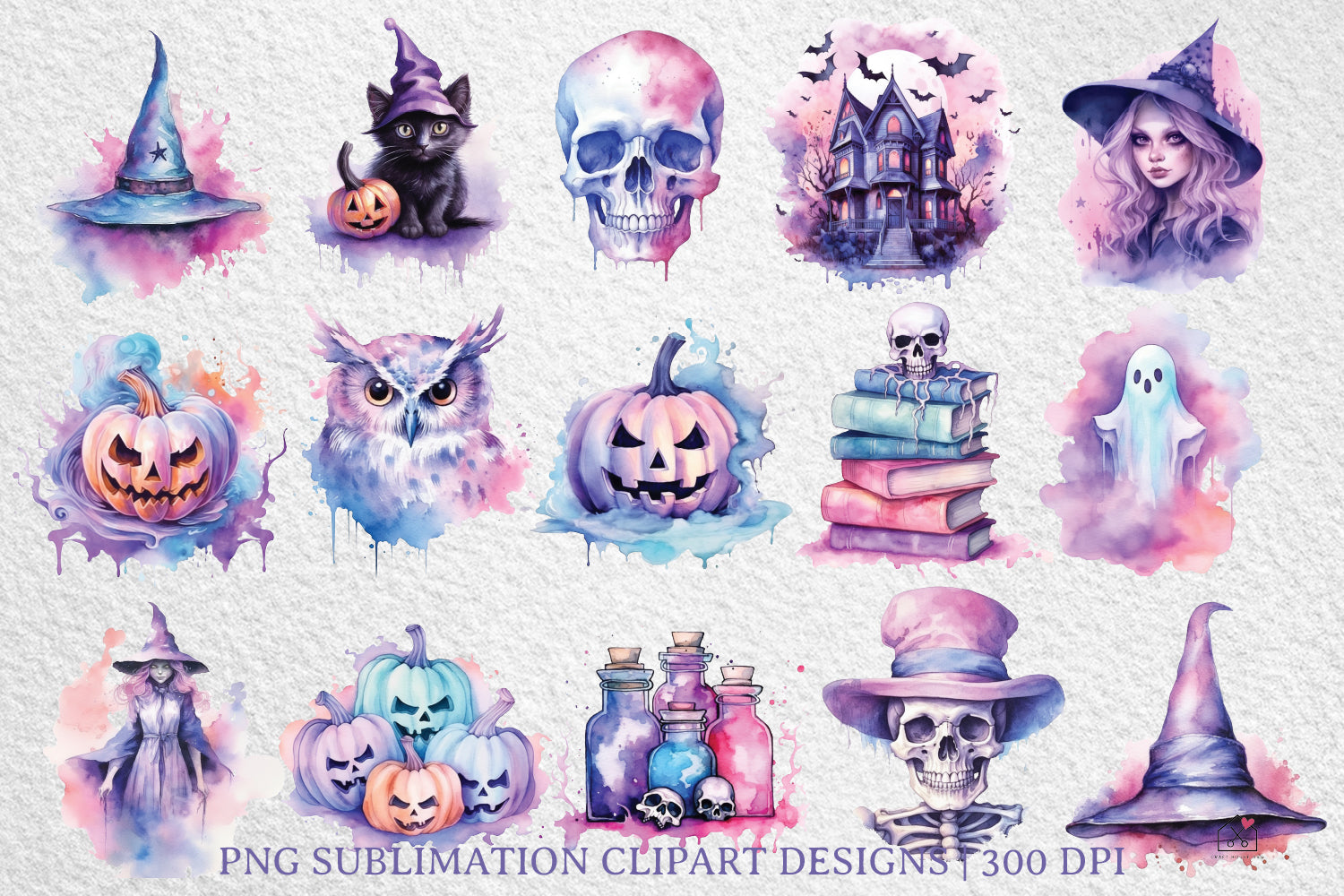 Pastel Halloween Sublimation Bundle Watercolor Clipart Designs PNG
