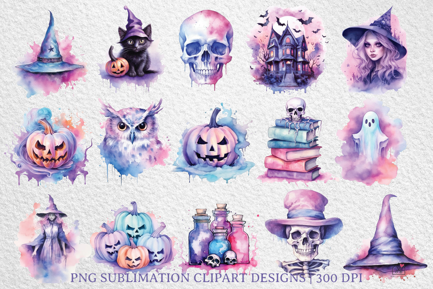 Pastel Halloween Sublimation Bundle Watercolor Clipart Designs PNG - Craft House SVG