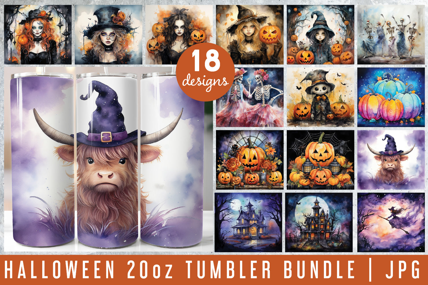 Watercolor Halloween 20oz Tumbler Wrap Bundle Sublimation Designs JPG