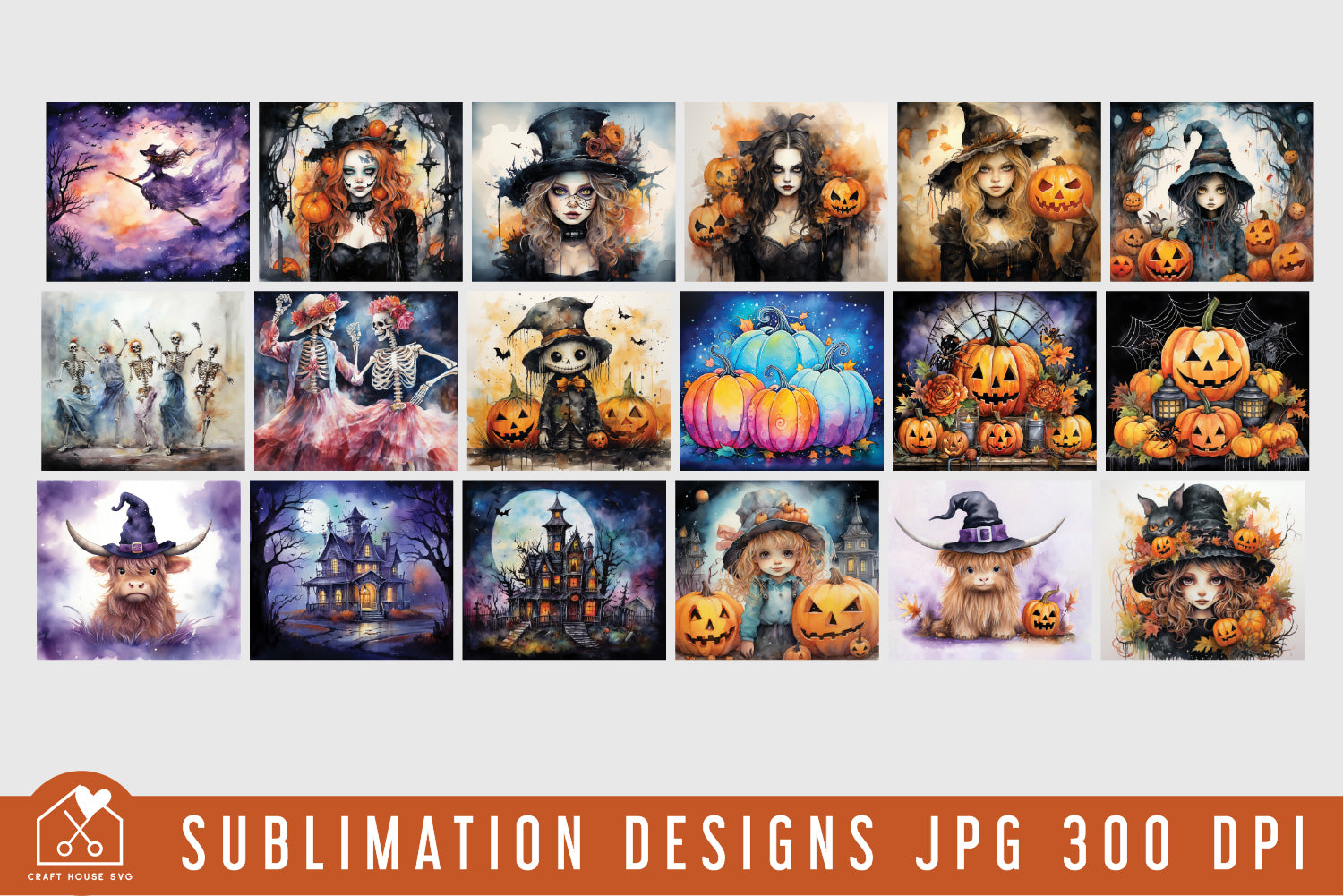 Watercolor Halloween 20oz Tumbler Wrap Bundle Sublimation Designs JPG - Craft House SVG