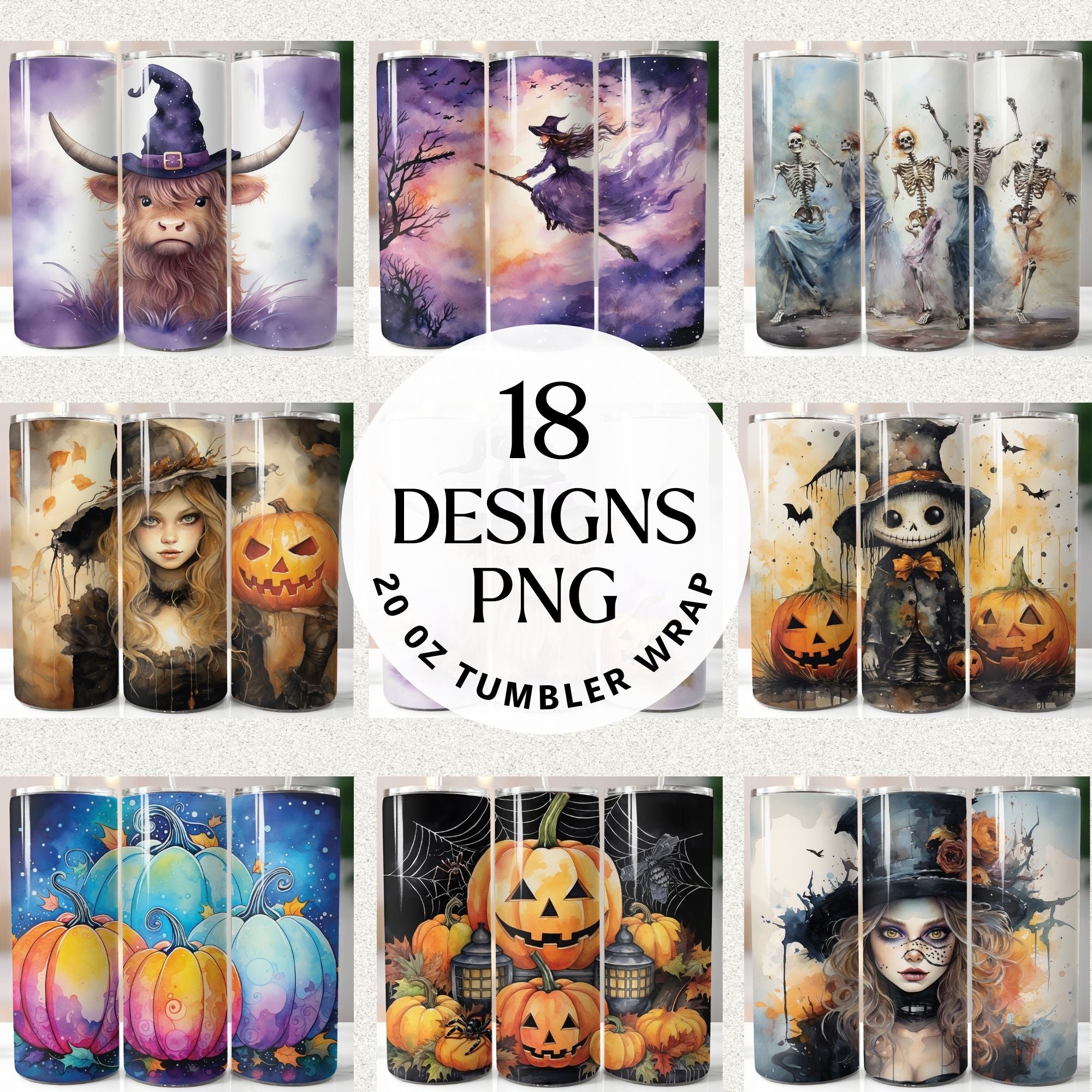 Watercolor Halloween 20oz Tumbler Wrap Bundle Sublimation Designs JPG