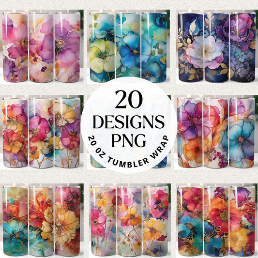 Floral Alcohol Ink 20oz Tumbler Wrap Bundle Sublimation Designs JPG