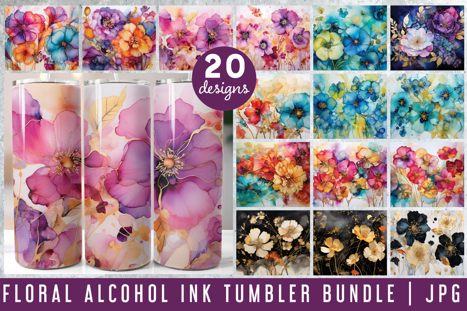 Floral Alcohol Ink 20oz Tumbler Wrap Bundle Sublimation Designs JPG
