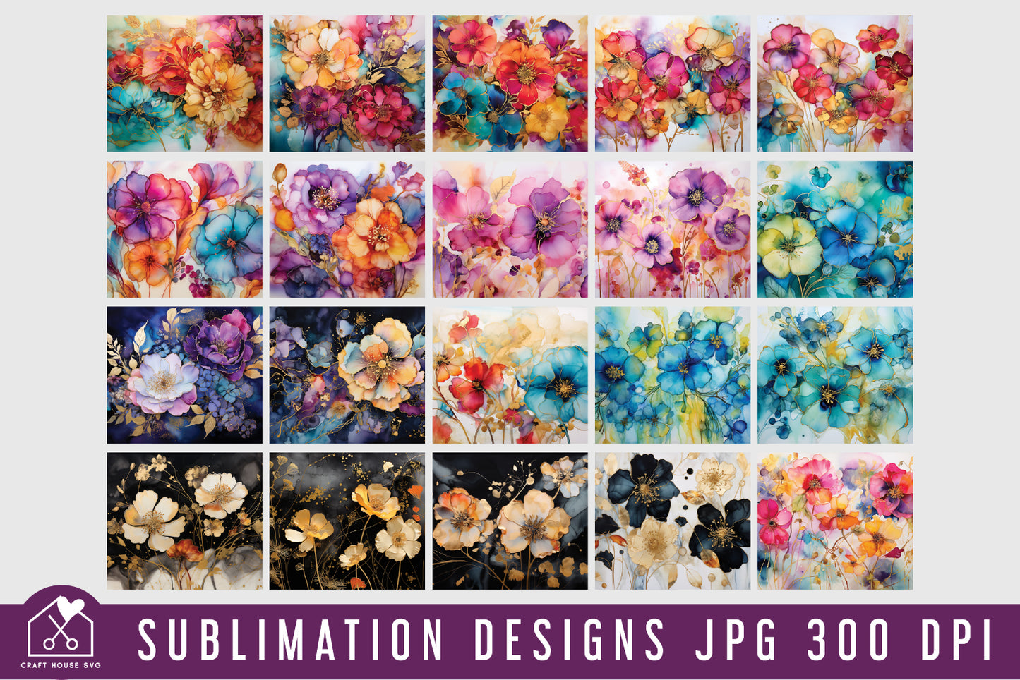 Floral Alcohol Ink 20oz Tumbler Wrap Bundle Sublimation Designs JPG