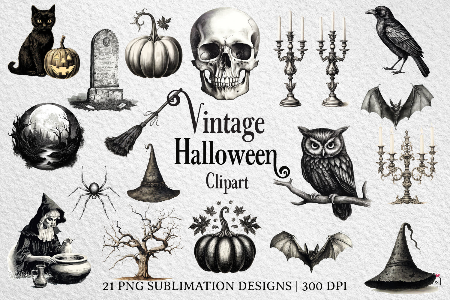 Vintage Halloween Sublimation Bundle Illustration Clipart Designs PNG