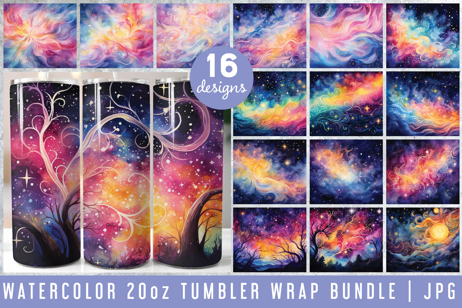 Watercolor 20oz Tumbler Wrap Bundle Sublimation Designs JPG