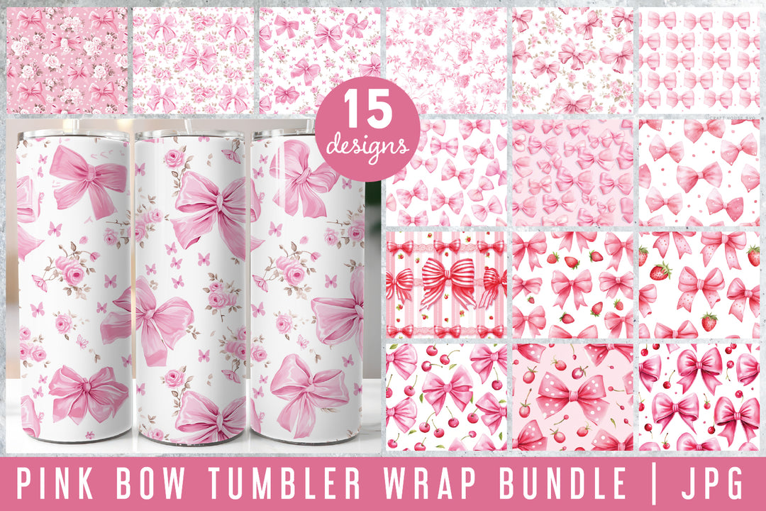 Pink Bow 20oz Tumbler Wrap Bundle Girly Ribbon Sublimation Designs JPG