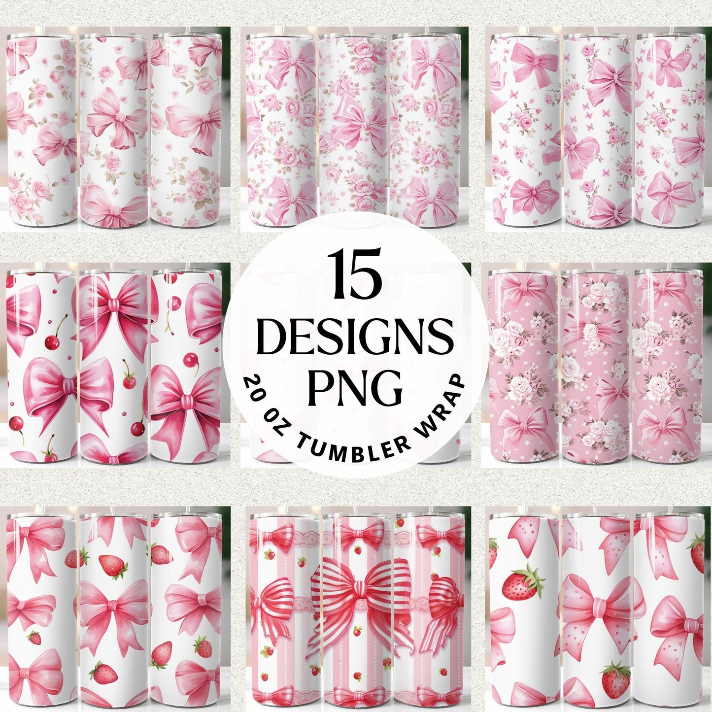 Pink Bow 20oz Tumbler Wrap Bundle Girly Ribbon Sublimation Designs JPG