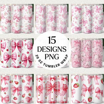 Pink Bow 20oz Tumbler Wrap Bundle Girly Ribbon Sublimation Designs JPG