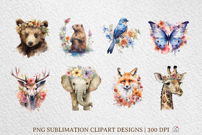 Watercolor Woodland Animal Sublimation Bundle Clipart Designs PNG