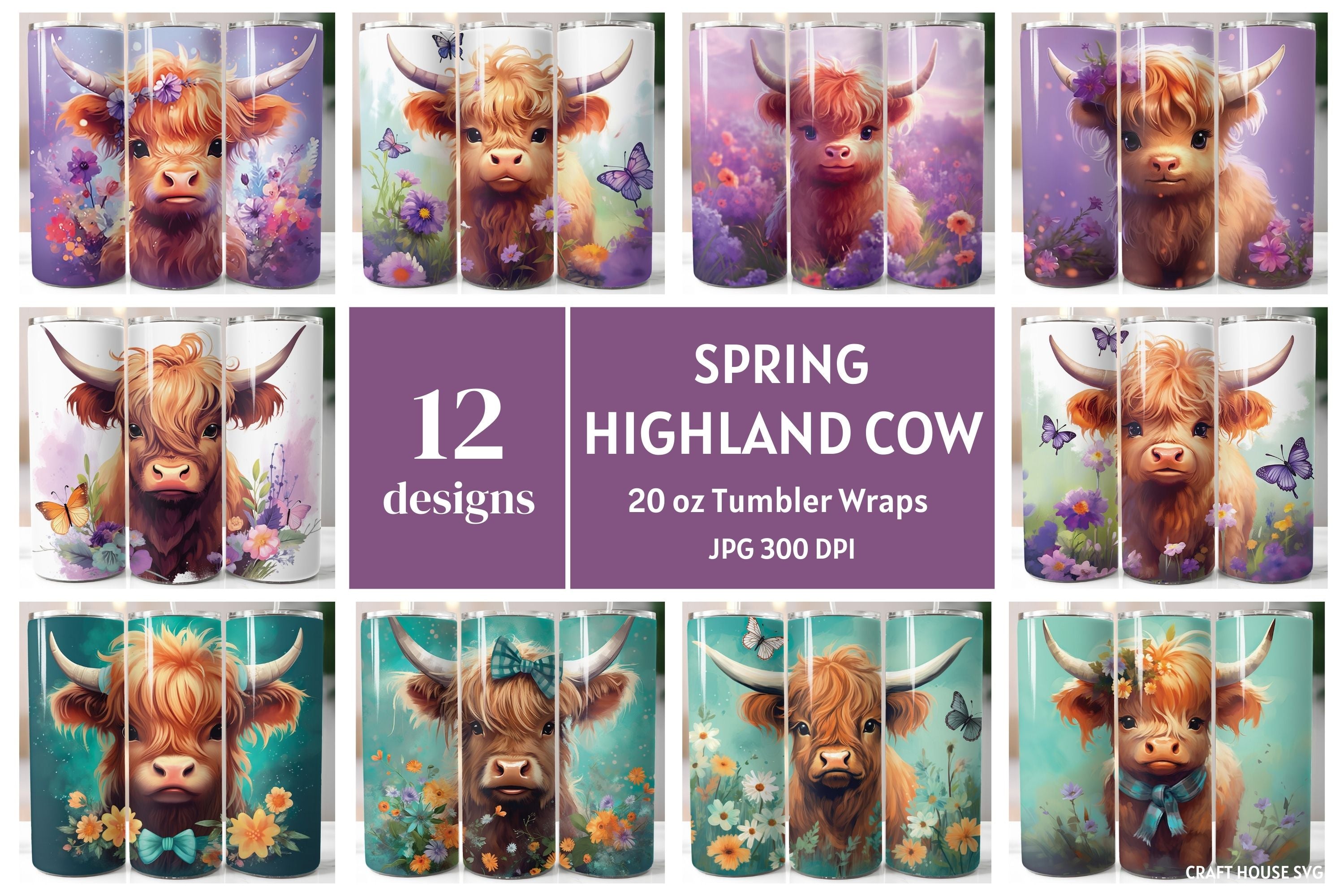 Spring Highland Cow 20 oz Tumbler Wrap Bundle Sublimation Designs JPG