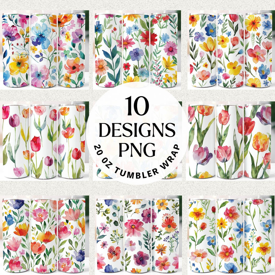 Watercolor Spring Flowers 20 oz Tumbler Wrap Bundle Sublimation Designs JPG - Craft House SVG