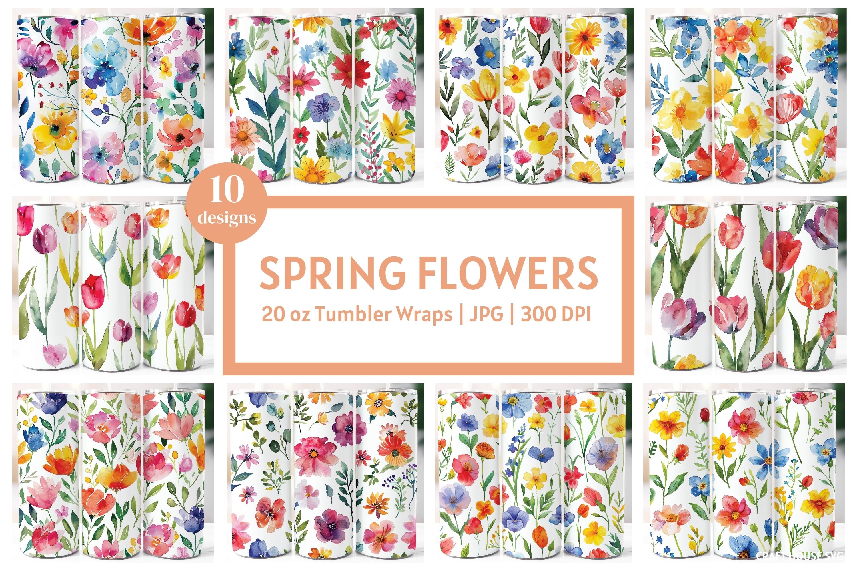 Watercolor Spring Flowers 20 oz Tumbler Wrap Bundle Sublimation Designs JPG