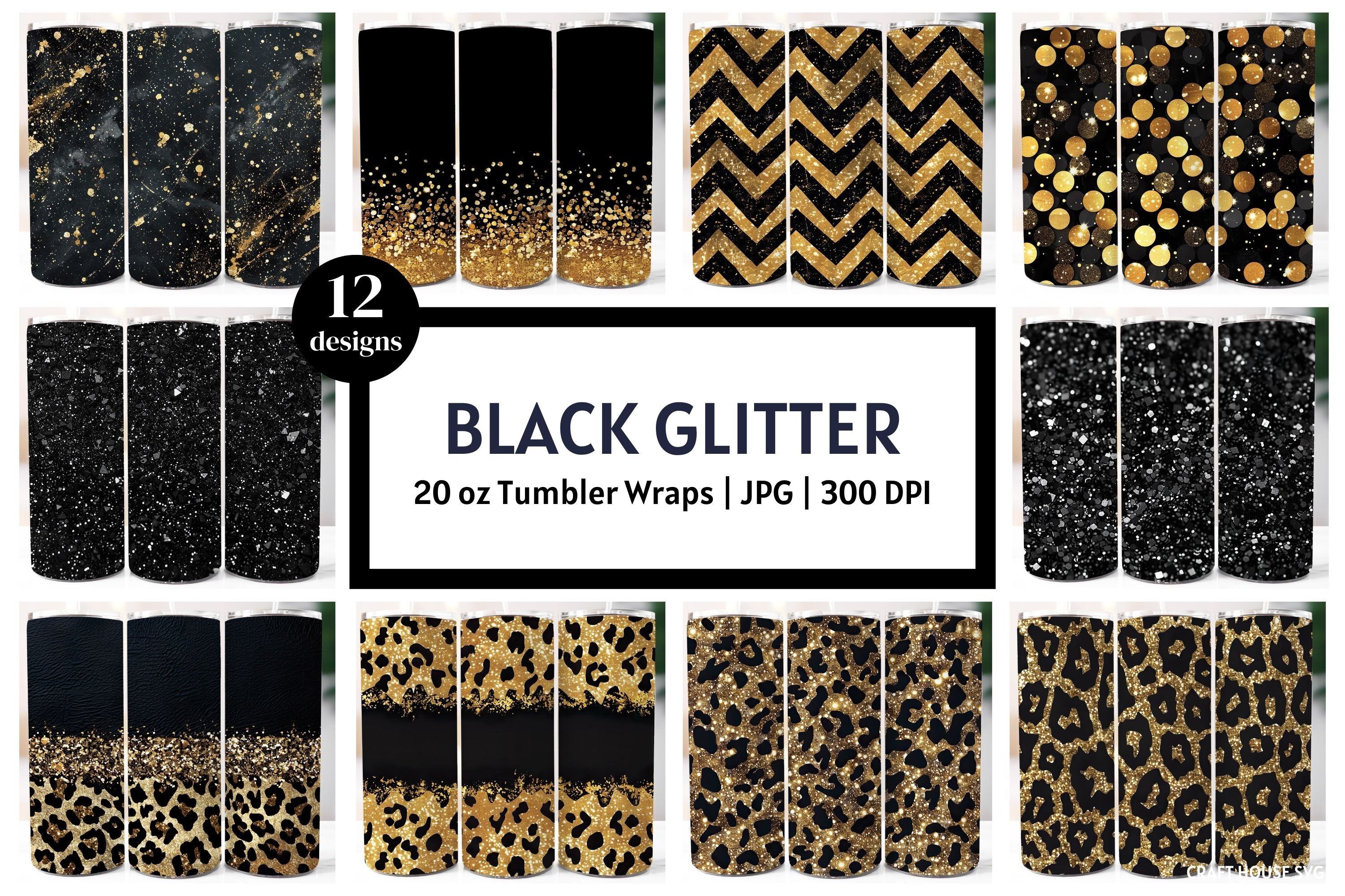 Black Glitter 20 oz Tumbler Wrap Bundle Sublimation Designs JPG