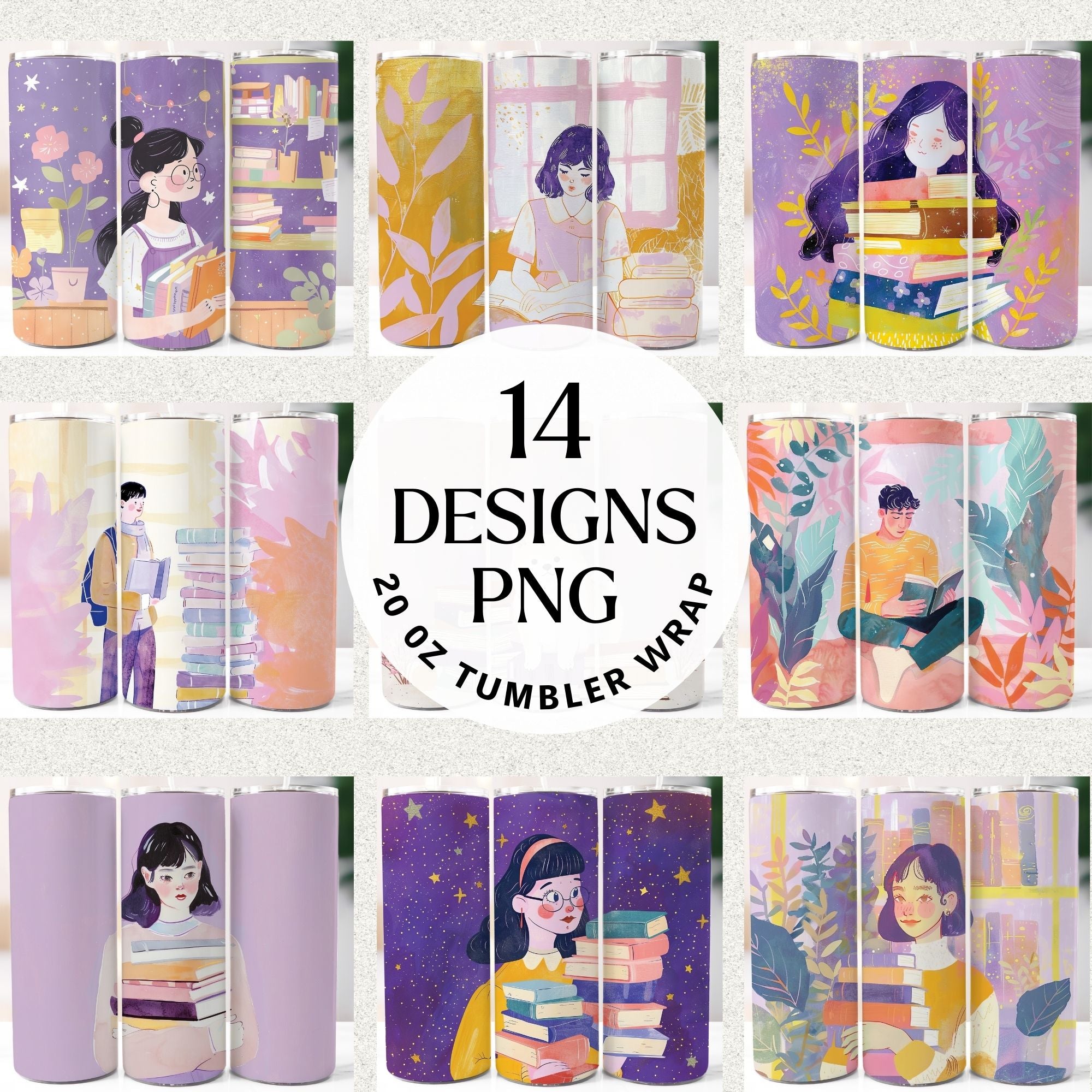 Book Lovers 20 oz Skinny Tumbler Wrap Bundle Sublimation PNG