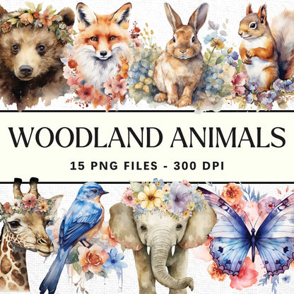 Watercolor Woodland Animal Sublimation Bundle Clipart Designs PNG
