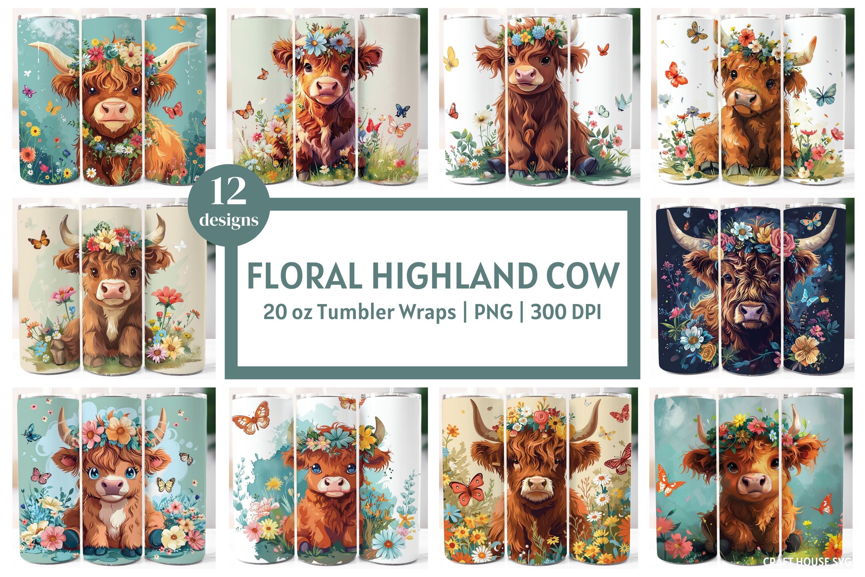 Floral Highland Cow 20 oz Tumbler Sublimation Bundle PNG