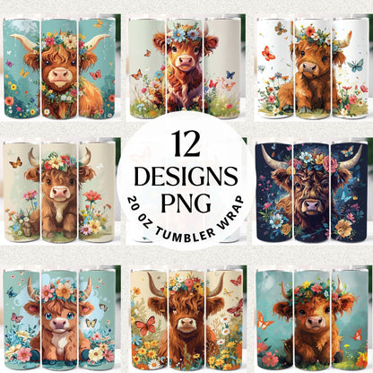 Floral Highland Cow 20 oz Tumbler Sublimation Bundle PNG