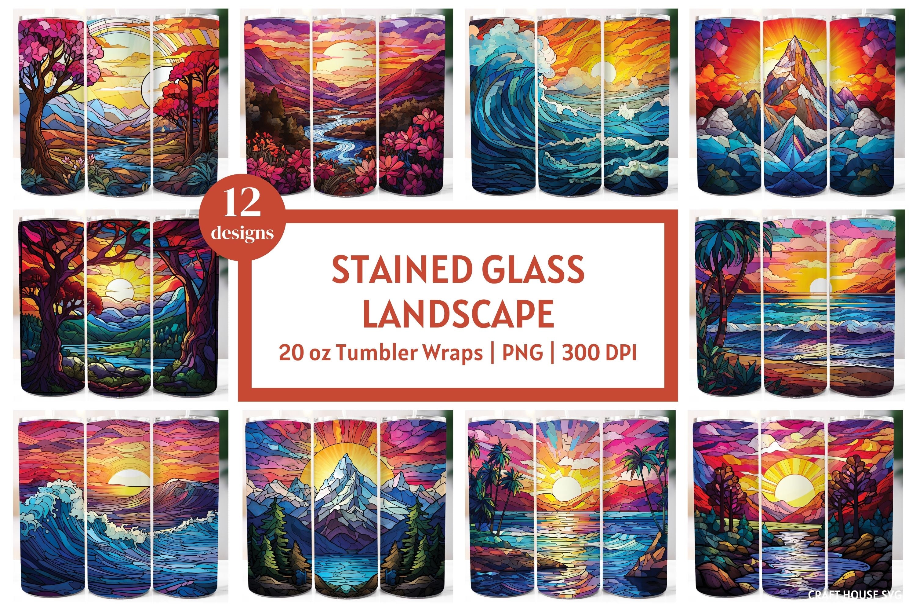 Stained Glass Landscape 20 oz Tumbler Sublimation Bundle PNG