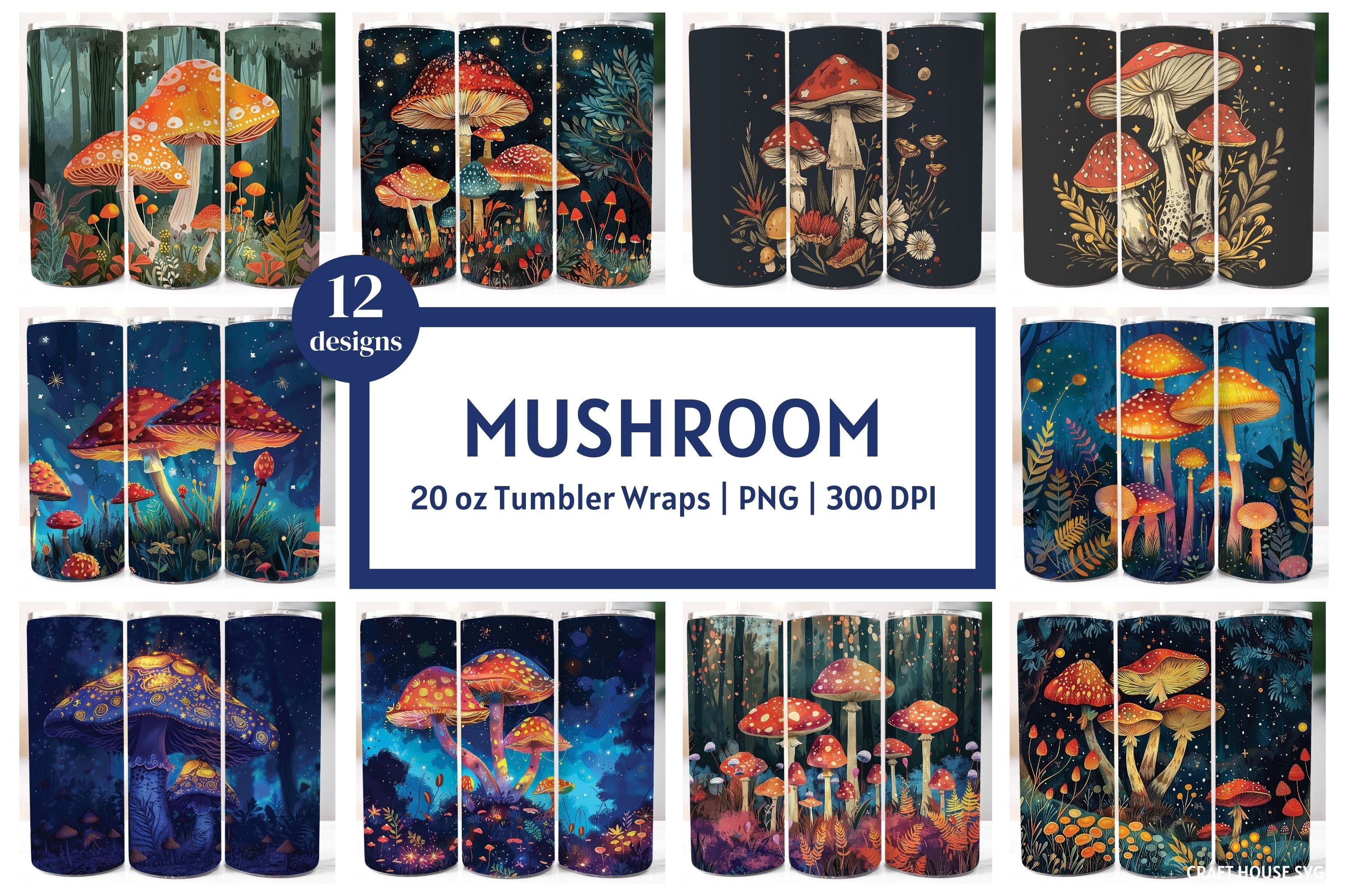 Mushroom 20 oz Tumbler Sublimation Designs Bundle PNG