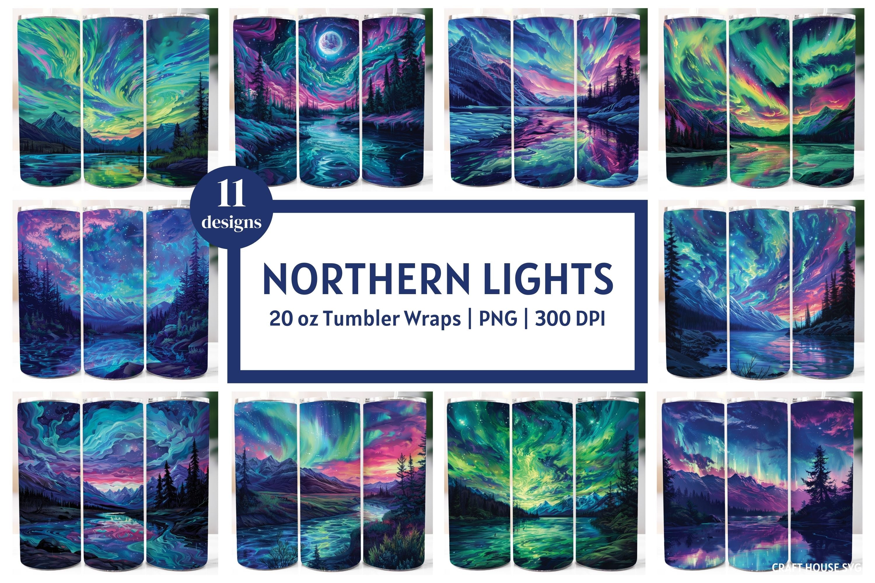 Northern Lights 20 oz Tumbler Sublimation Designs Bundle PNG
