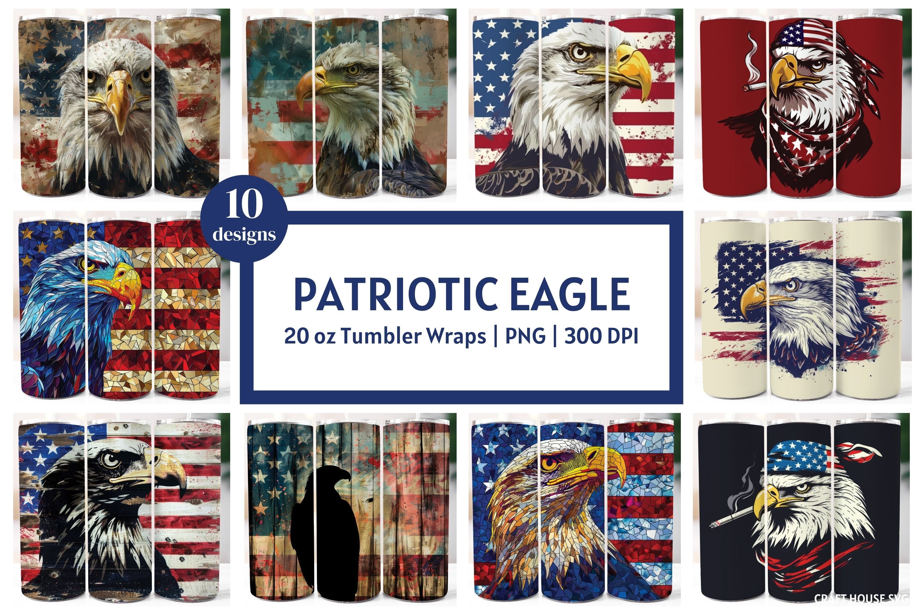 Patriotic Eagle 20 oz Tumbler Sublimation Designs Bundle PNG