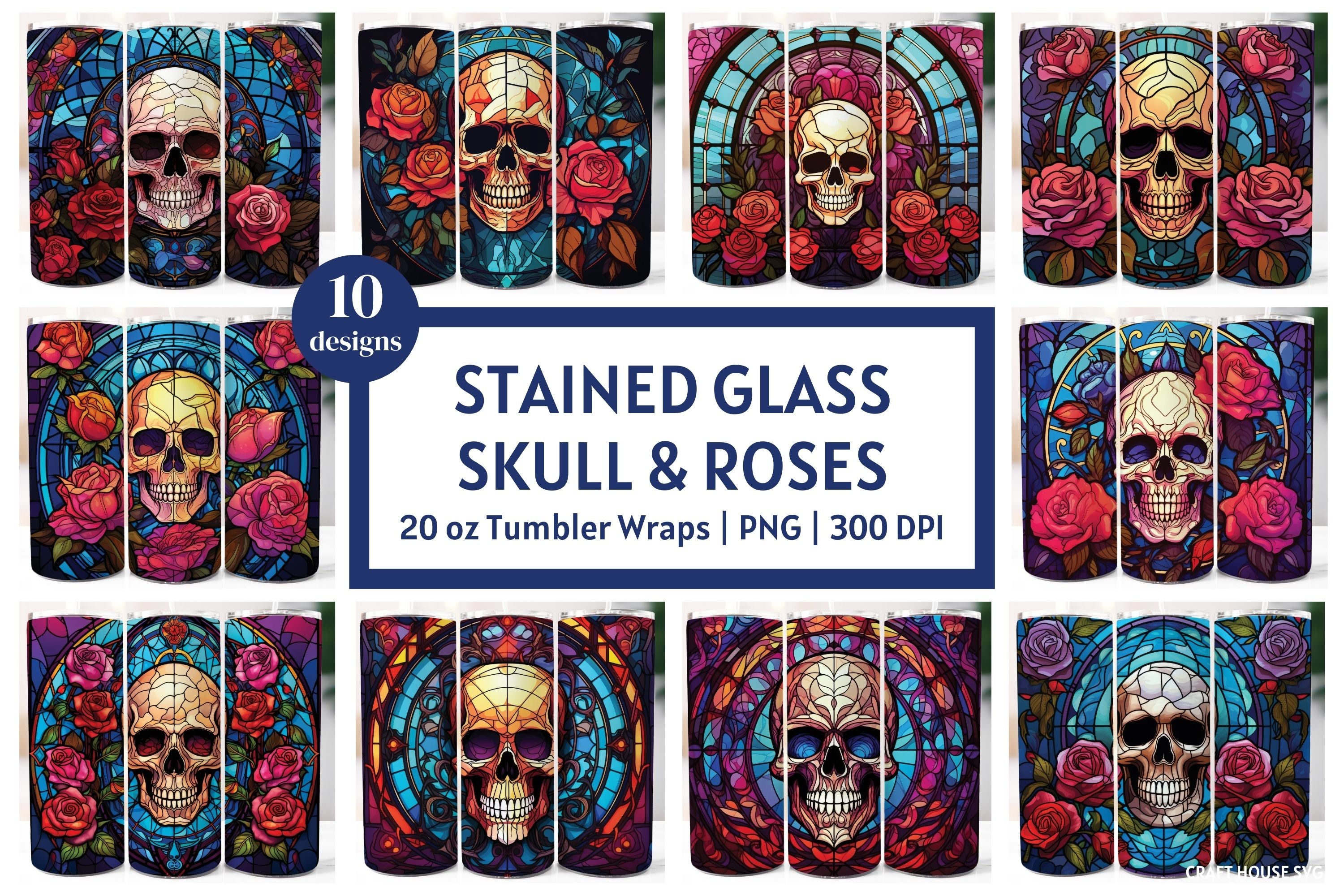 Stained Glass Skull 20 oz Tumbler Sublimation Bundle PNG