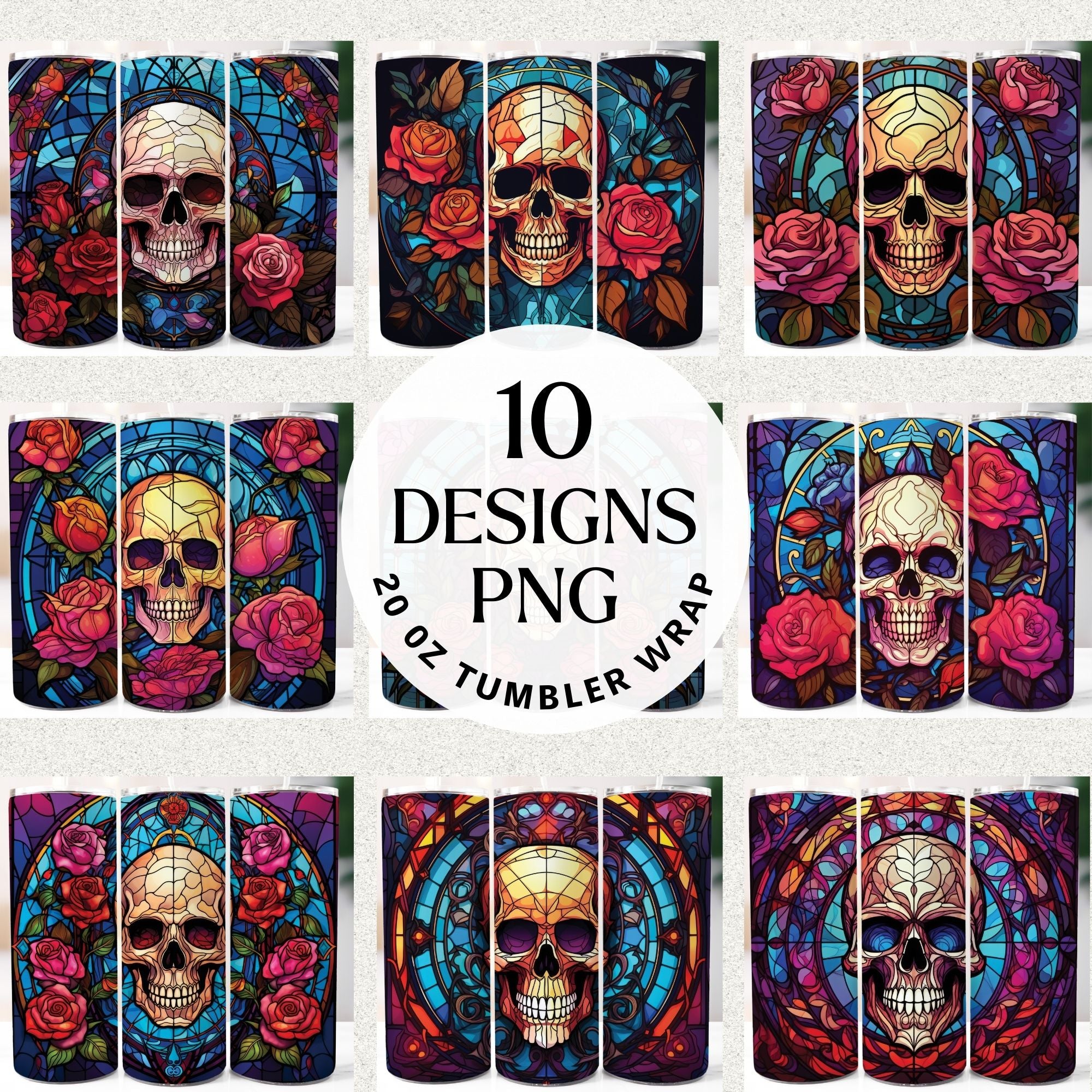 Stained Glass Skull 20 oz Tumbler Sublimation Bundle PNG