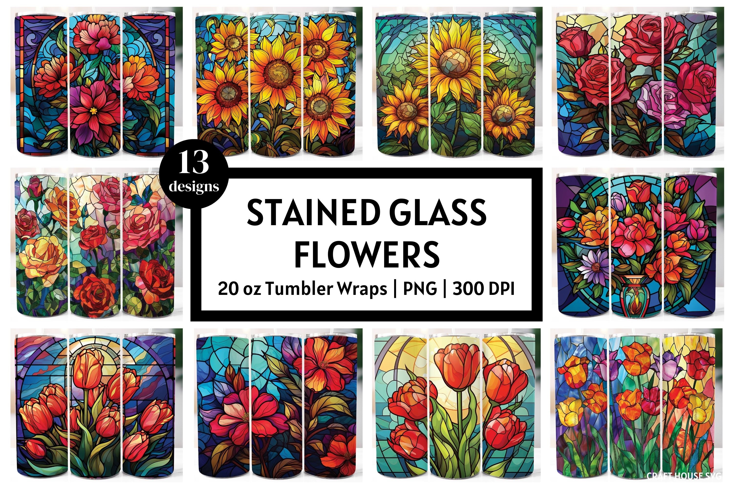 Stained Glass Flowers 20 oz Tumbler Sublimation Bundle PNG - Craft House SVG