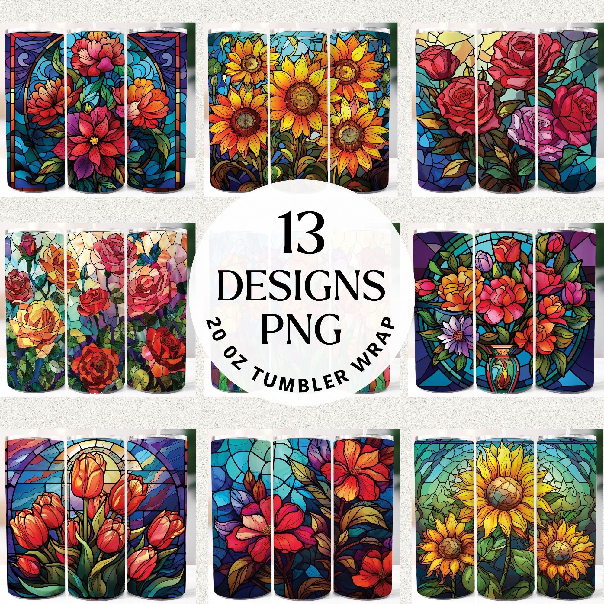 Stained Glass Flowers 20 oz Tumbler Sublimation Bundle PNG