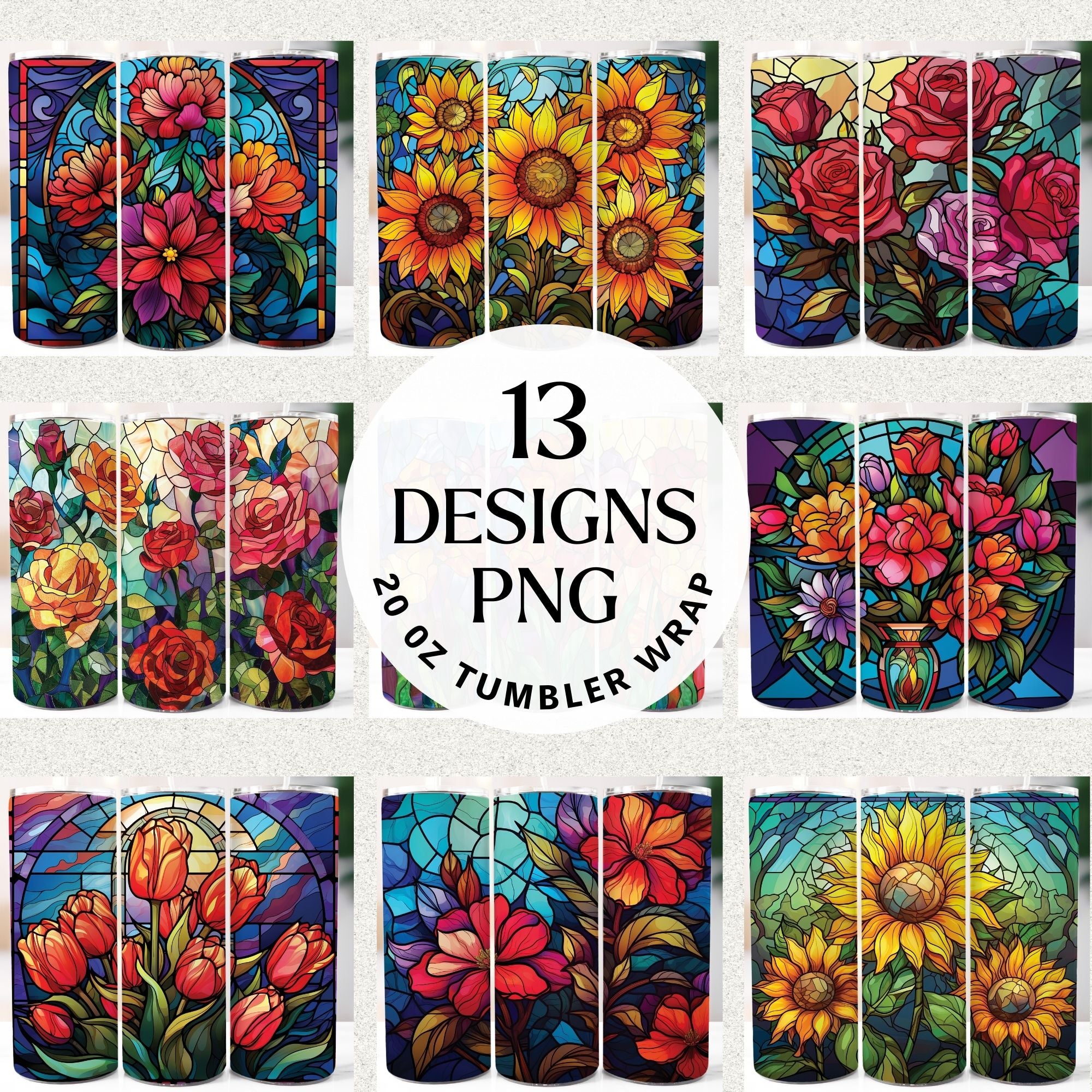 Stained Glass Flowers 20 oz Tumbler Sublimation Bundle PNG - Craft House SVG