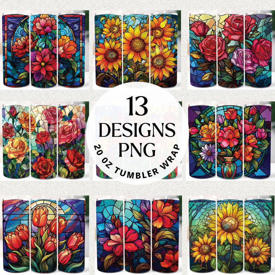 Stained Glass Flowers 20 oz Tumbler Sublimation Bundle PNG - Craft House SVG