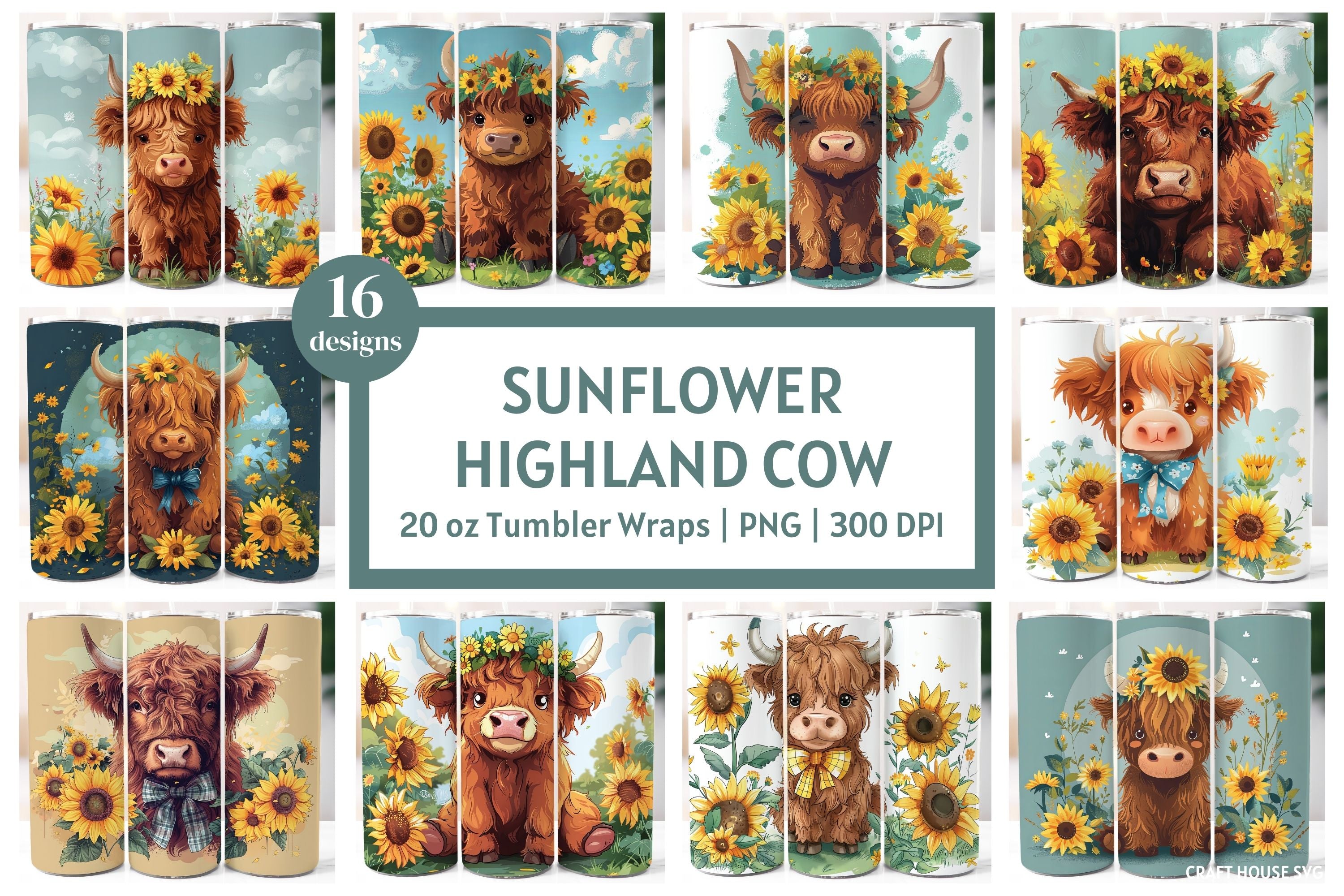 Sunflower Highland Cow Tumbler Sublimation Bundle PNG 20 oz