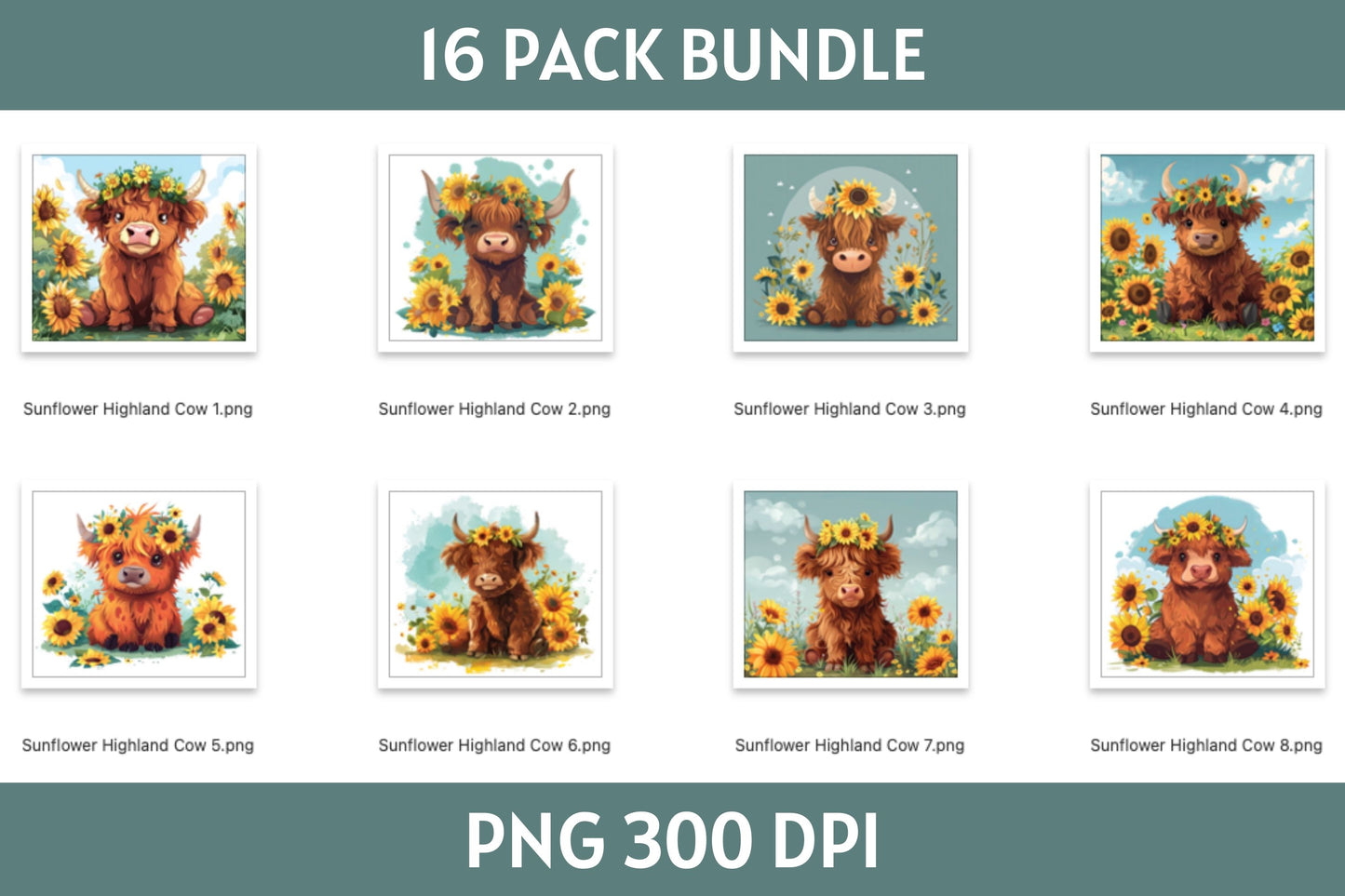 Sunflower Highland Cow Tumbler Sublimation Bundle PNG 20 oz