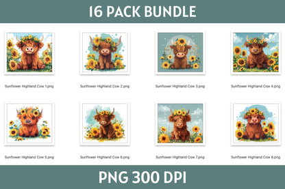 Sunflower Highland Cow Tumbler Sublimation Bundle PNG 20 oz