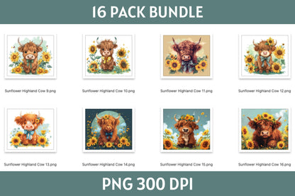 Sunflower Highland Cow Tumbler Sublimation Bundle PNG 20 oz
