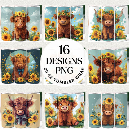 Sunflower Highland Cow Tumbler Sublimation Bundle PNG 20 oz