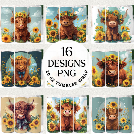 Sunflower Highland Cow Tumbler Sublimation Bundle PNG 20 oz
